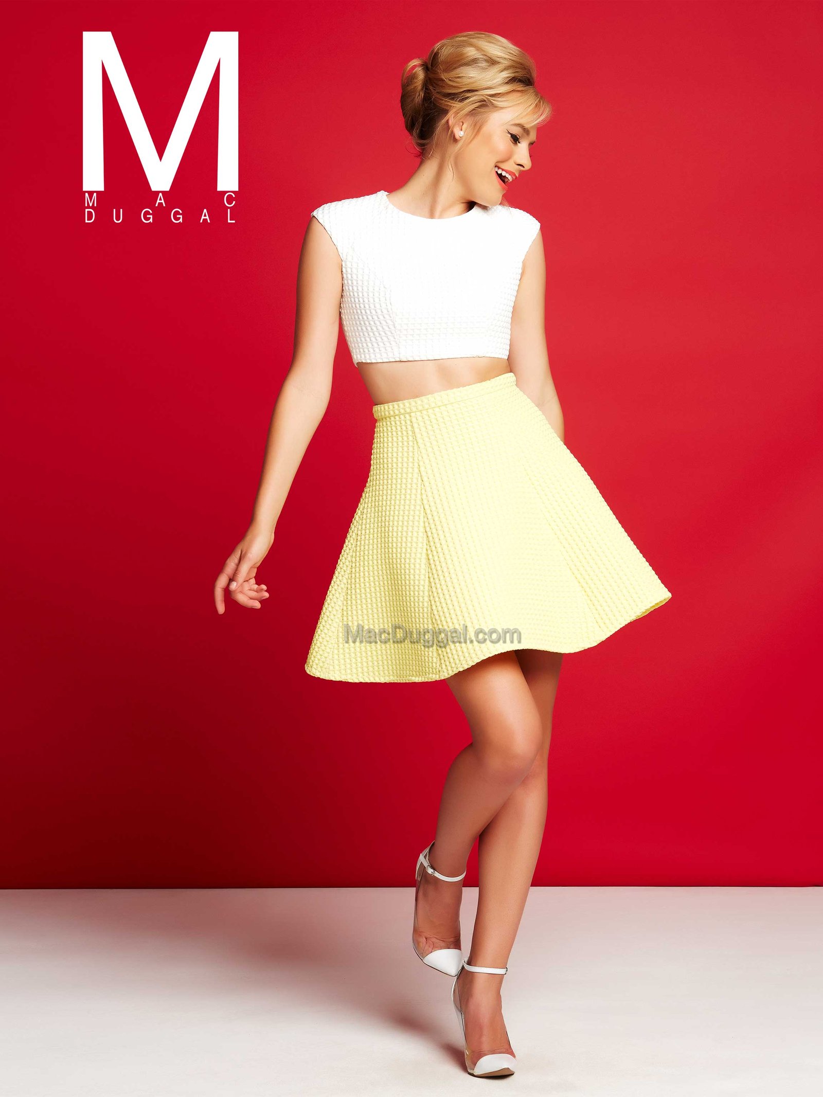 two piece outfit with cap sleeves and flared skirt